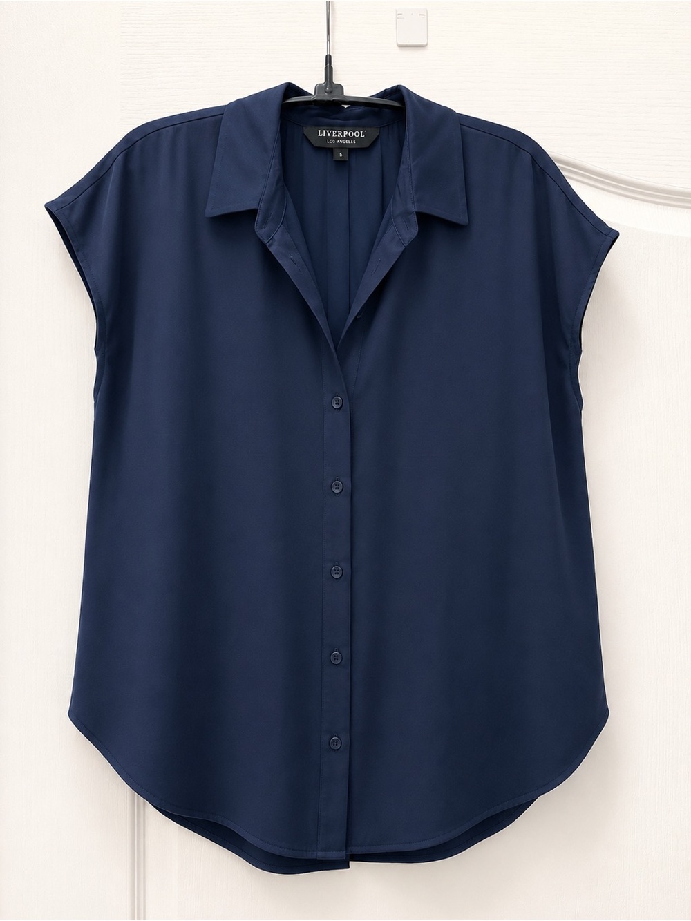 Liverpool Los Angeles Navy Button Front Cap Sleeve Blouse Satin Look Top Size M